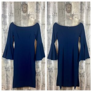 KEEPSAKE The Label Navy Blue Bell Sleeve Off Shoulder Sheath Dress Size XS